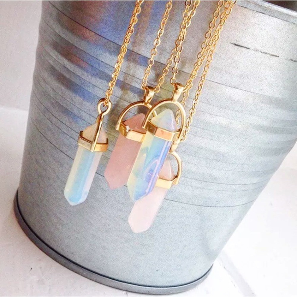 Pink Rose Quartz Crystal Gemstone Pendant Gold Necklace Healing Gem Stone Boho - Picture 2 of 5